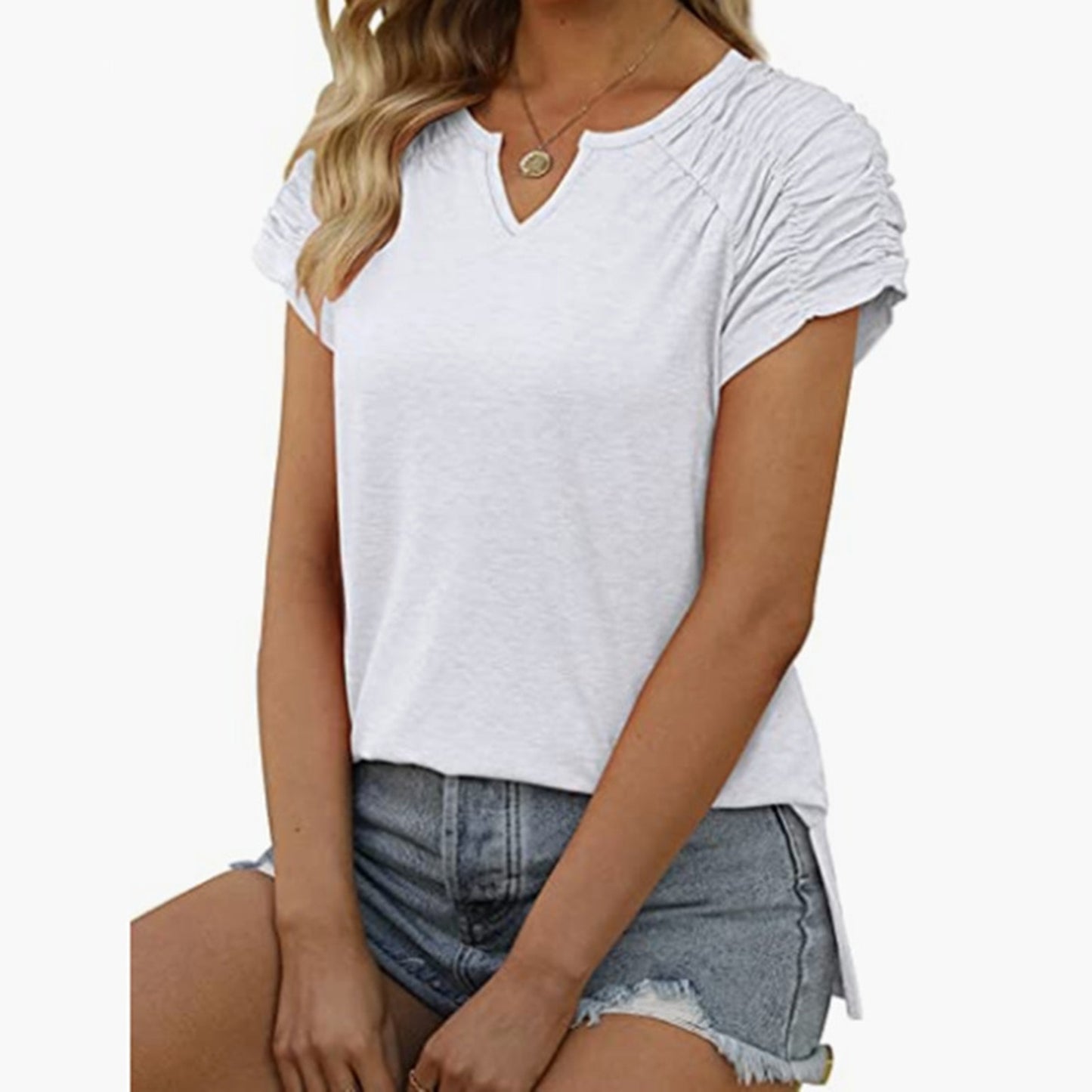 T-shirts Solid Color Loose V-Neck