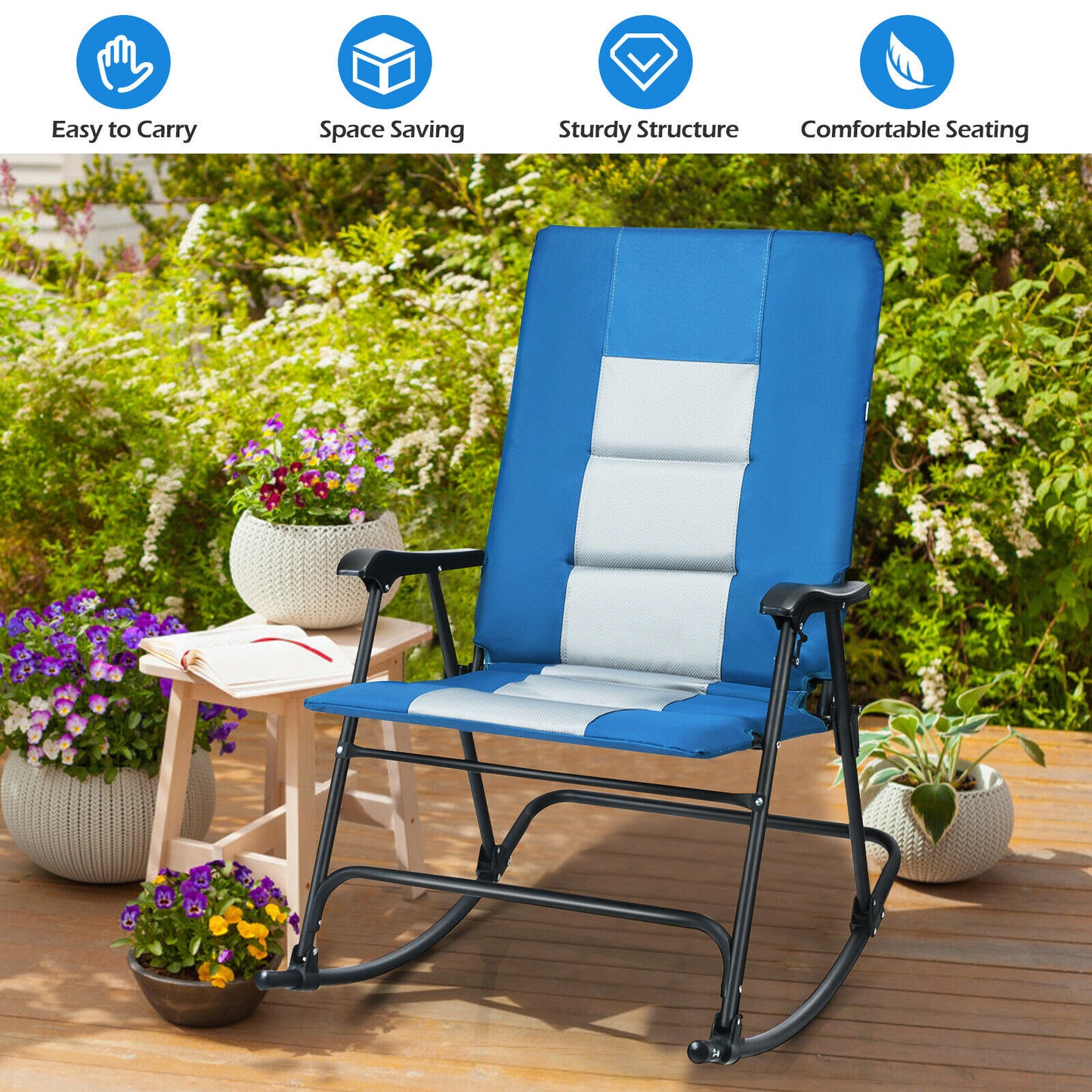 Foldable Rocking Padded Camping Chair with Backrest/Armrest Blue